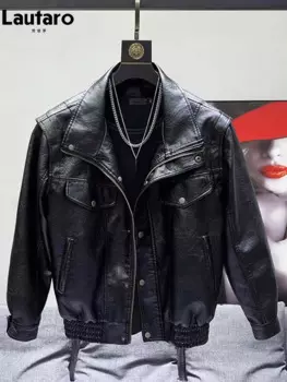 Lautaro Осень Зима Прохладная Красивая Негабаритная Черная Утолщенная Теплая Кожаная Куртка Мужчины С Воротником-Стойкой Молния Роскошная Дизайнерская Верхняя Одежда Мужчины 2023 Искусственная кожаная Куртка Мужчины