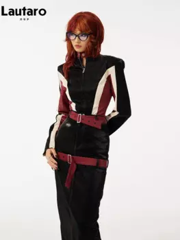 Lautaro Весна Осень Прохладная Короткая Мягкий Цвет Блок Пэчворк Гоночная Куртка из Искусственной Кожи Женщины С Длинным Рукавом Застежка-Молния Роскошная Дизайнерская Верхняя Одежда Женщины 2023 кожаная куртка женская