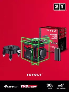 Лазерный уровень YEVOLT YVGLL4XS12-d 3 с зеленым лучом и литий-ионной батареей 3,6 В, 12-линейный 3D самовыравнивающийся станок с вращающейся базой