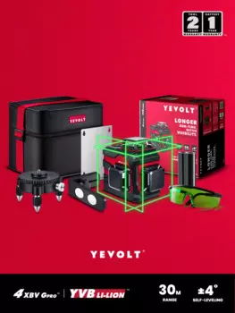 Лазерный уровень YEVOLT YVGLL4XS12B2, 3-плоский, зеленый, 3,6 В, литий-ионный, мощный, вращающийся, магнитный кронштейн, 3D, 12-линейный измерительный инструмент