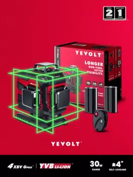 Лазерный уровень YEVOLT YVGLL4XS16DP, 4-плоский зеленый 4D 16-линейный самонивелирующийся нивелир для горизонтального и вертикального измерения, работает весь день