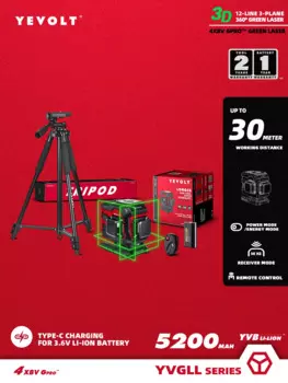 Лазерный уровень YEVOLT, зеленый, 3 уровня, 12 линий, самовыравнивающийся, 360 3D, штатив, 3,6 В, Ач, электроинструменты для измерения