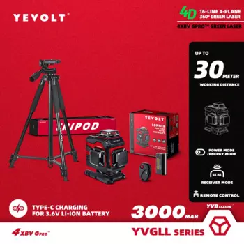 Лазерный уровень YEVOLT, зеленый, 4 уровня, 16 линий, самовыравнивающийся, 360 4D, 3,6 В, 3 Ач