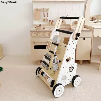 Lazychild раздвижные ходунки детская коляска с защитой от О-образных ног, защита от опрокидывания, многофункциональная деревянная помощь для прогулок, упражнения для рук, ног