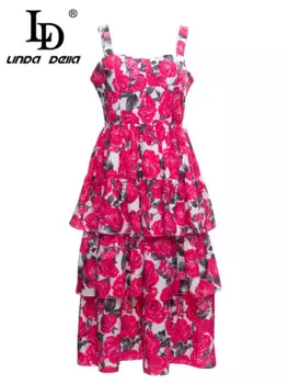 LD LINDA DELLA/летнее модное дизайнерское пляжное платье, женское прямое платье с принтом розы и высокой талией, Каскадное платье с оборками