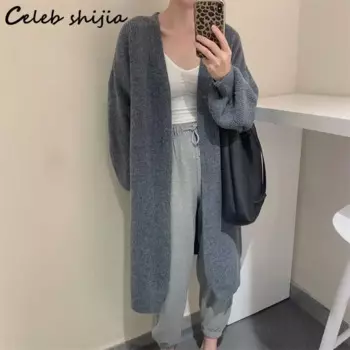 Ленивый серый вязаный кардиган, женский осенне-зимний свитер с открытым стежком, пальто, женский элегантный шерстяной кардиган с длинным рукавом для дам