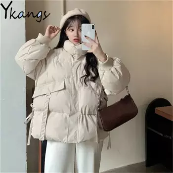 Ленточные карманы на шнуровке, хлопковые куртки на молнии, корейские студенческие теплые зимние толстые стеганые куртки, свободная женская одежда Толстая стеганая куртка Harajuku street Бежевая черная куртка в стиле