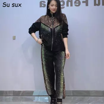 Леопардовые лоскутные комплекты брюк-карандаш, комплект из 2 предметов, женская одежда, повседневная куртка с воротником-стойкой на молнии, пальто, таккостюм большого размера, одежда Y2k
