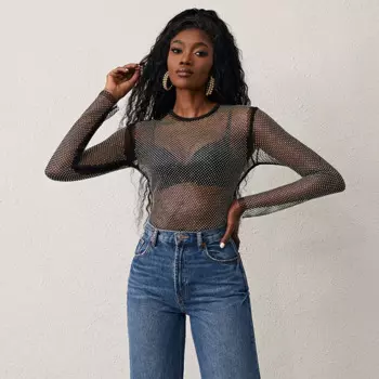 Leqoel Сексуальная стрейчевая Женская Сетчатая футболка с кристаллами и стразами, облегающий Топ, черная длинная Сетчатая футболка без рукавов, Женская ткань