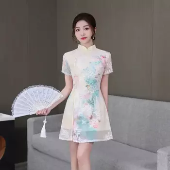 Летнее элегантное платье Ципао, платье с восточным принтом, одежда Ципао, вечернее платье Cheongsam с короткими рукавами, элитное платье с вышивкой