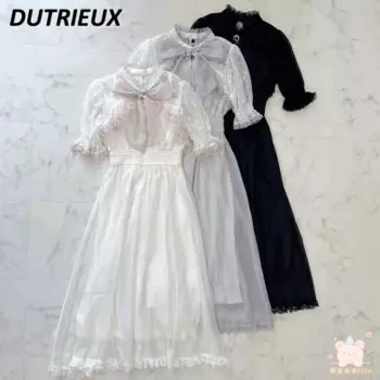 Летнее кружевное милое однотонное облегающее длинное платье с бантом милое универсальное и милое платье макси с коротким рукавом