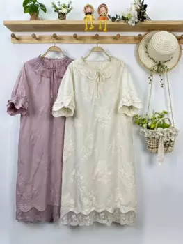 Летнее милое платье с вышивкой и круглым вырезом, женское однотонное Повседневное платье с коротким рукавом