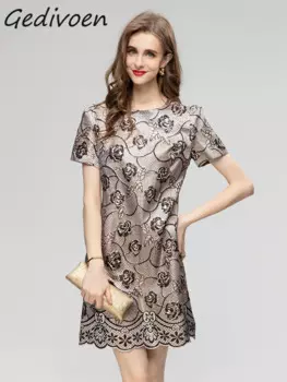 Летнее модное дизайнерское элегантное вечернее женское платье Gedivoen с круглым вырезом и коротким рукавом, свободное повседневное жаккардовое Короткое мини-платье