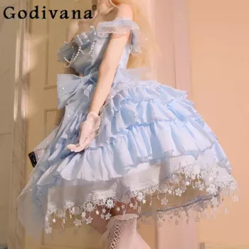 Летнее модное кружевное платье в стиле "Лолита" с бантом и жемчужинами, оригинальное приталенное элегантное платье принцессы в стиле High Street, женское Пышное Платье