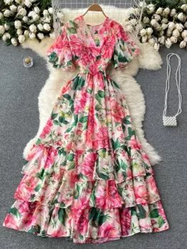Летнее модное новое элегантное темпераментное платье, женское праздничное платье миди с v-образным вырезом и расклешенными рукавами, шифоновое платье с принтом GL316