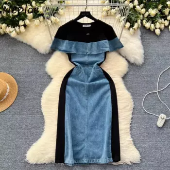 Летнее новое платье Neploe 2024 для женщин, джинсовые платья с имитацией двух частей и оборками в стиле пэчворк, Y2k, женские платья с коротким рукавом