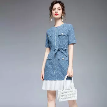 Летнее Новое Стильное элегантное женское платье, маленькое платье, французское Плиссированное тонкое клетчатое джинсовое платье со шнуровкой на талии