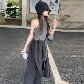 Летнее платье для девочек, новинка 2024, французская джинсовая юбка в стиле пэчворк для детей, высококачественное длинное платье в стиле ретро Хепберн