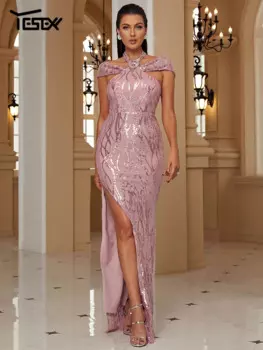 Летнее платье Yesexy, женское сексуальное Макси-Платье с вырезом и блестками, Элегантное Длинное розовое вечернее платье с высокой талией и разрезом
