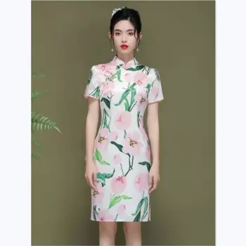Летнее винтажное платье в китайском стиле с воротником-стойкой и коротким рукавом, улучшенное платье-Ципао с цветочным принтом