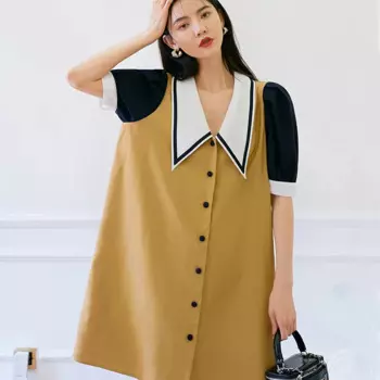 Летнее женское винтажное элегантное желтое мини корейское модное милое повседневное свободное короткое Повседневное платье-рубашка одежда