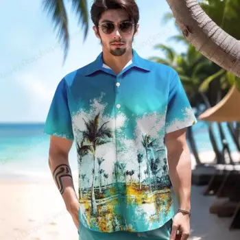 Летние гавайские рубашки с принтом для мужчин и женщин, модная пляжная рубашка на пуговицах с коротким рукавом, мужская рубашка Camisas с кокосовой пальмой