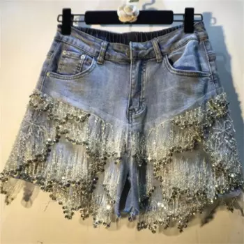 Летние кружевные бриллиантовые вышитые блестками сетчатые Узкие Широкие джинсовые шорты с высокой талией для женщин