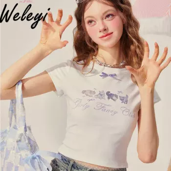 Летние милые футболки женские шикарные уникальные дизайнерские тонкие футболки с принтом кота 2024, новые высококачественные милые футболки с короткими рукавами для женщин