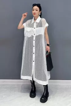 Летние новые женские платья SuperAen 2024, ажурное Сетчатое повседневное элегантное свободное платье с коротким рукавом