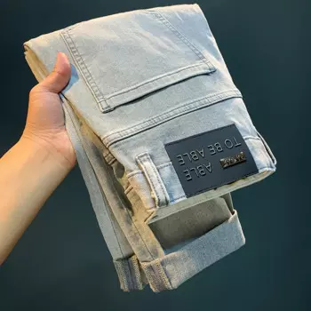 Летние серые тонкие джинсы, мужские Модные универсальные брюки-карандаш с вышивкой, повседневные Высококачественные подходящие ко всему Роскошные Стрейчевые брюки