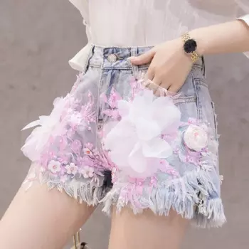 Летние весенние модные женские с бахромой широкие брюки с высокой талией джинсы с цветочной вышивкой шорты, женские дизайнерские Джинсовые шорты с жемчужинами