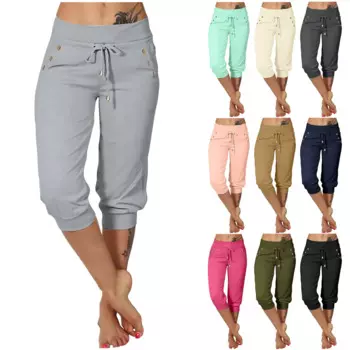Летние женские свободные капри, модные повседневные однотонные эластичные спортивные брюки с карманами на шнурке, женские облегающие брюки