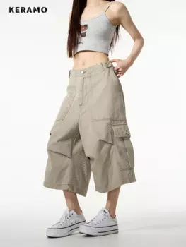 Летние женские винтажные шорты 2024 с высокой талией в уличном стиле, женские повседневные свободные джинсовые шорты средней длины с карманами