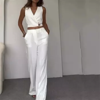 Летний белый жилет и брюки, комплект из 2 предметов для женщин, элегантный топ без рукавов с v-образным вырезом и широкие длинные брюки с высокой талией