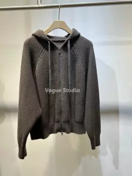 Летний хлопковый вязаный кардиган на молнии с капюшоном