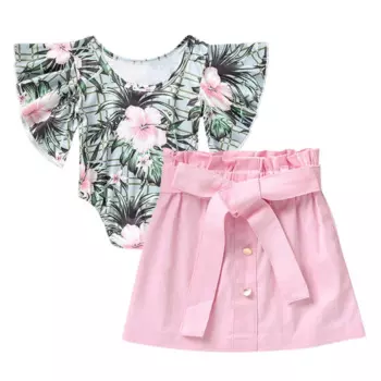 Летний комплект из 2 предметов для девочек с принтом: комбинезон с рукавами «летучая мышь» и юбка