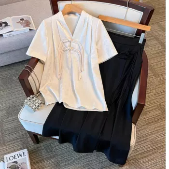 Летний комплект из двух предметов для женщин, женские топы и юбка с V-образным вырезом, черные облегающие костюмы из полиэстера больших размеров 5XL