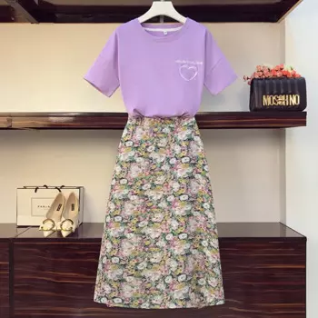 Летний комплект из двух предметов для женщин, хлопковый топ с круглым вырезом и вышивкой и юбка с цветочным принтом, женский фиолетовый подходящий костюм большого размера 4XL