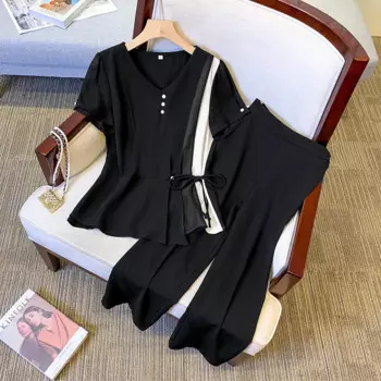 Летний комплект из двух предметов для женщин, блузка с V-образным вырезом и оборками, топы и брюки, Женский повседневный элегантный офисный костюм большого размера черного, темно-синего цвета