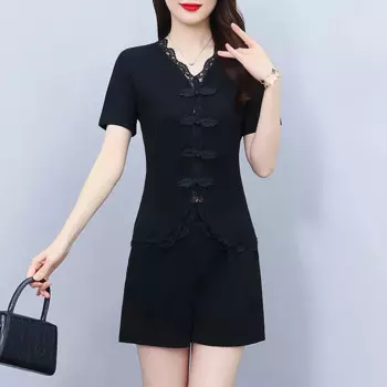 Летний комплект из двух предметов для женщин, однобортная блузка с узлом на пуговицах и шорты, женские повседневные винтажные черные костюмы больших размеров