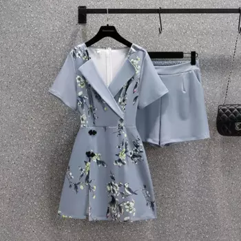 Летний комплект из двух предметов для женщин, блузка с принтом и воротником, топы и шорты, женские повседневные синие костюмы Ципао большого размера