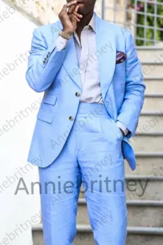 Летний льняной костюм, пляжный Свадебный Мужской костюм из 2 предметов, небесно-голубой мужской костюм, повседневный мужской костюм, разные цвета, изготовление на заказ