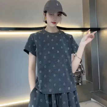 Летний модный комплект из чистого хлопка с горячими алмазными буквами, красивая футболка с коротким рукавом, Женская + полуюбка