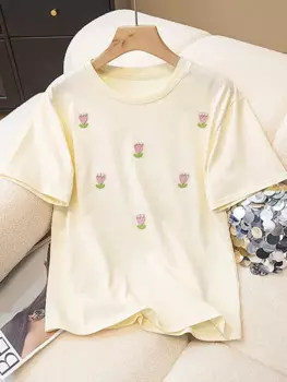 Летний розовый свитер с цветочной вышивкой, женская вязаная футболка, пуловеры, стильные элегантные модные шикарные женские топы, джемпер с короткими рукавами