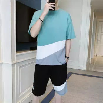 Летний спортивный костюм, мужские комплекты, повседневный мужской комплект из 2 предметов, мужской костюм, спортивная одежда, футболка + шорты, хлопковые Лоскутные комплекты для бегунов размера плюс