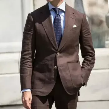 Летний темно-коричневый льняной мужской костюм, облегающий смокинг для жениха из 2 предметов, свадебные костюмы на заказ, комплекты блейзеров, костюмы из куртки и брюк