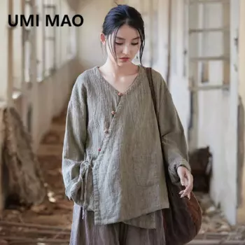 Летний топ UMI MAO, новинка, Женский Топ ручного изготовления из льна, окрашенный на завязках, улучшенное свободное стройнящее Женское пальто с косой передней частью, кардиган