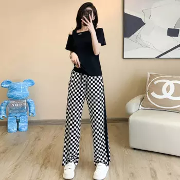 Летний женский комплект из двух предметов, топ с коротким рукавом и воротником-стойкой и клетчатые широкие брюки, черные, зеленые повседневные Костюмы, одежда