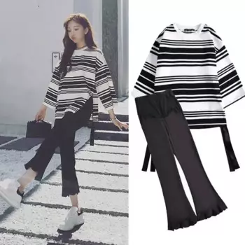 Летний женский костюм из двух предметов в Корейском стиле верх с коротким рукавом летняя футболка модные брюки для беременных женщин костюм для беременных