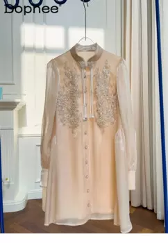 Летняя Блузка Топ весенне-осенние шифоновые рубашки в китайском стиле с цветочной вышивкой и длинным рукавом свободное платье-рубашка оверсайз